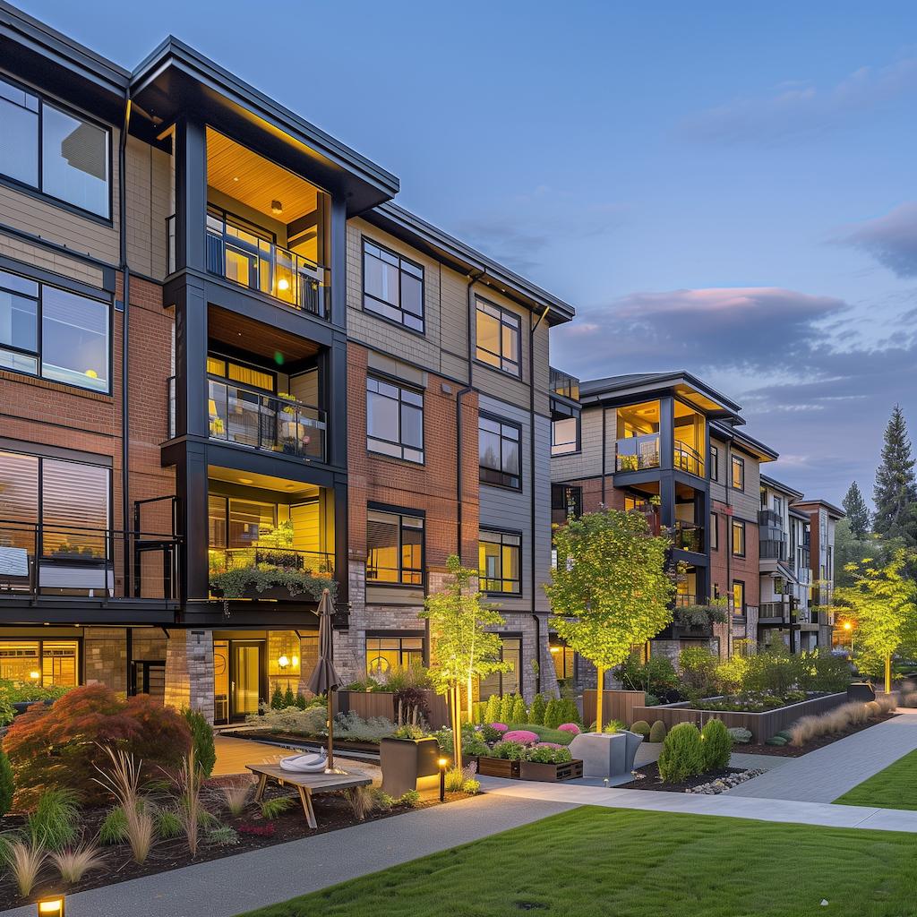 Modern apartment buildings in the evening with landscaped surroundings and warm interior lighting